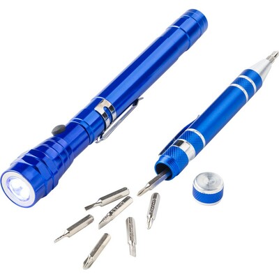 Tool set, screwdriver, 8 bits, 3 LED telescopic torch